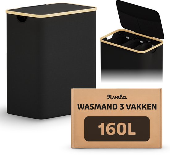 Panier à linge Avela 3 compartiments - 160 L - Zwart - Panier à linge avec couvercle - Trieur de linge