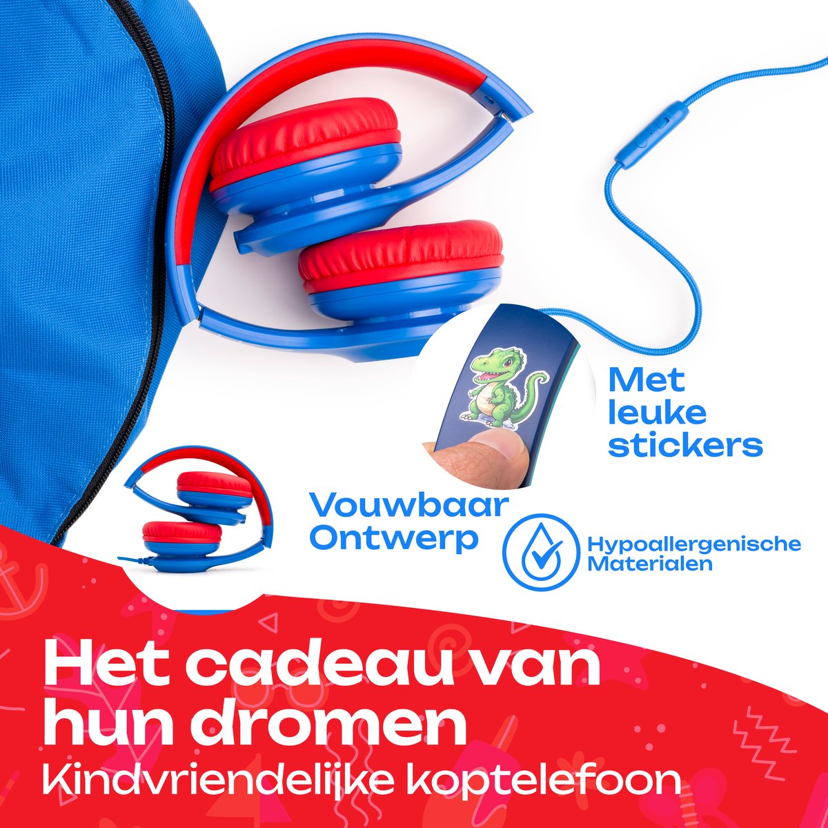 PowerLocus PLED Wired Kinder Koptelefoon met Draad USB-C - Koptelefoon voor kinderen - Veilig volume van 85dB en 94dB - Hoofdtelefoon - Met microfoon - Sharing Audio Functie - USB-C Blauw/Rood — afbeelding 5