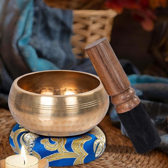 Grote Tibetaanse Klankschaal - Blauw - Klank schaal set uit Tibet - 11 cm - Inclusief Aanstrijkhout & Kussen - Meditatie, Yoga, Chakra - Klankschaalset - Singing bowl geschenkset met klopper van Merkloos — afbeelding 2