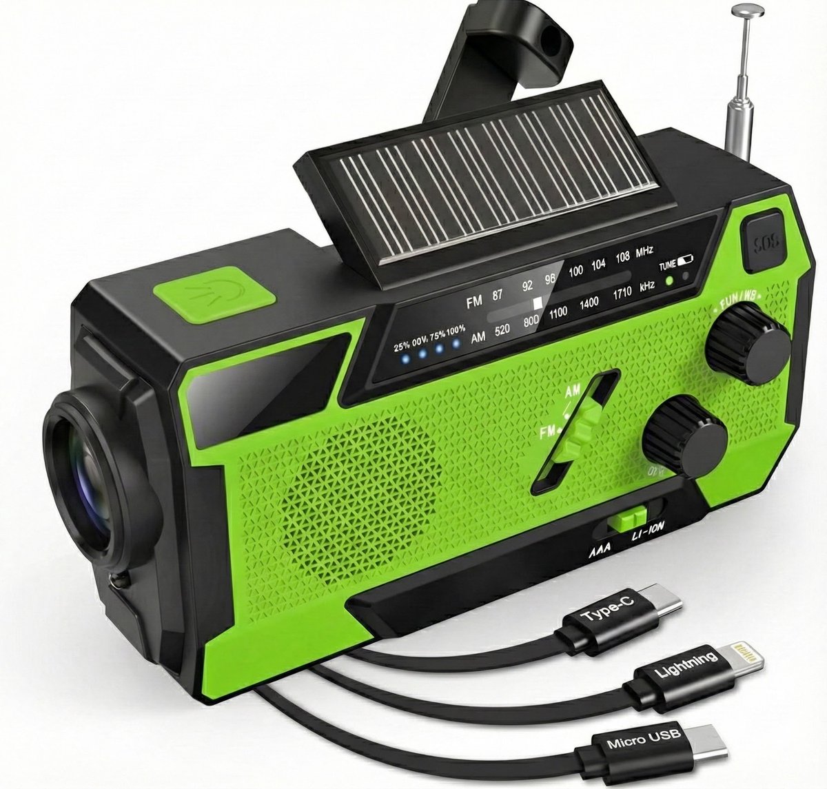 NaturaNex Noodradio Solar Opwindbaar Radio - Powerbank 4000mAh Zonneenergie - Ingebouwde Kabels - Dynamo / Zonnepaneel - Noodpakket - Zaklamp Opwindbaar - Survival Kit - FM - AM
