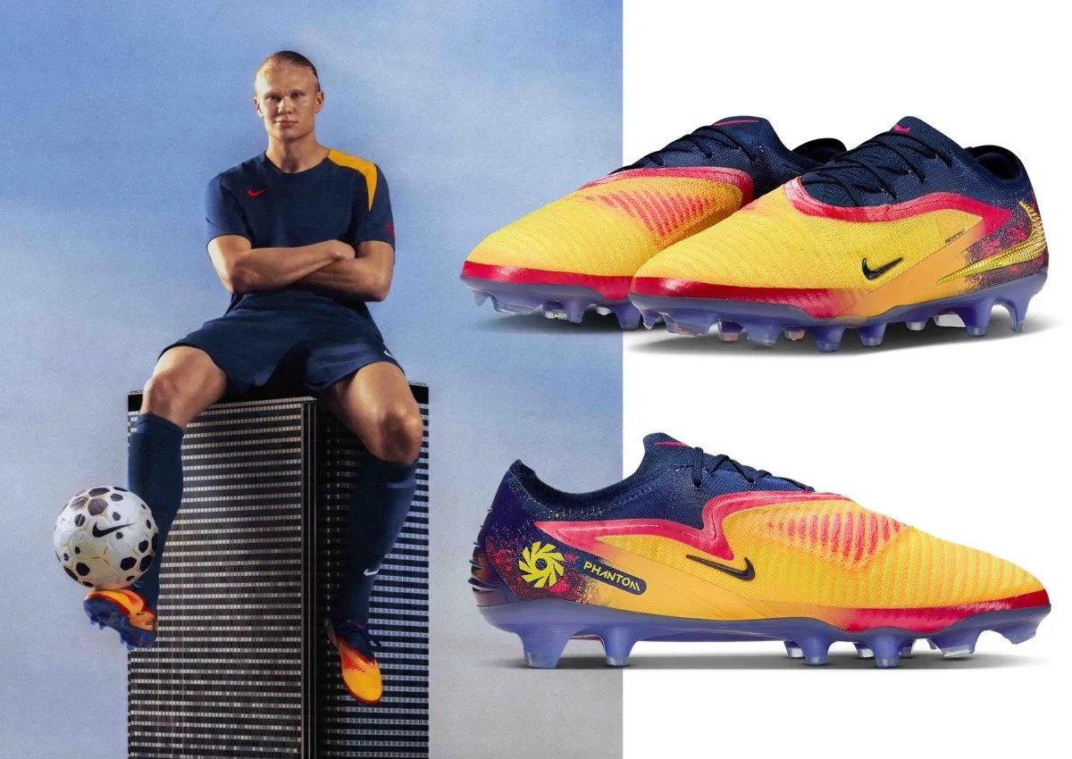 Nike Phantom 6 Low Elite FG voetbalschoenen in geel, rood en blauw, maat 43, limited edition voor Erling Haaland.