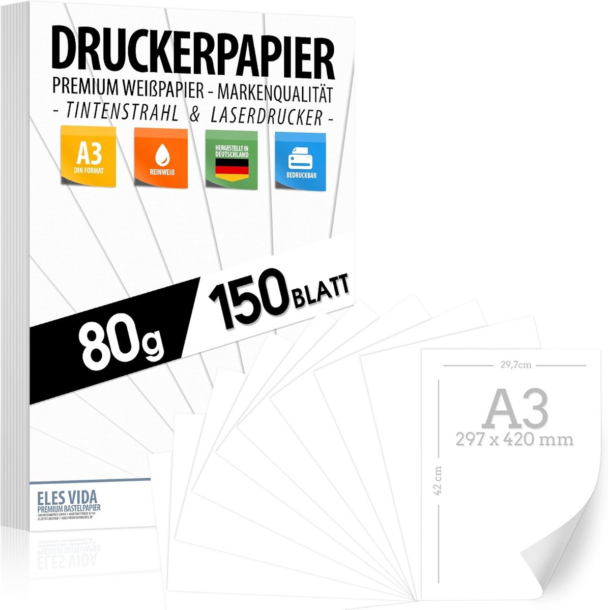 Premium A3 Printerpapier - 150 Vellen - 80g Zuiver Wit Kopieerpapier voor Laser en Inkjet.