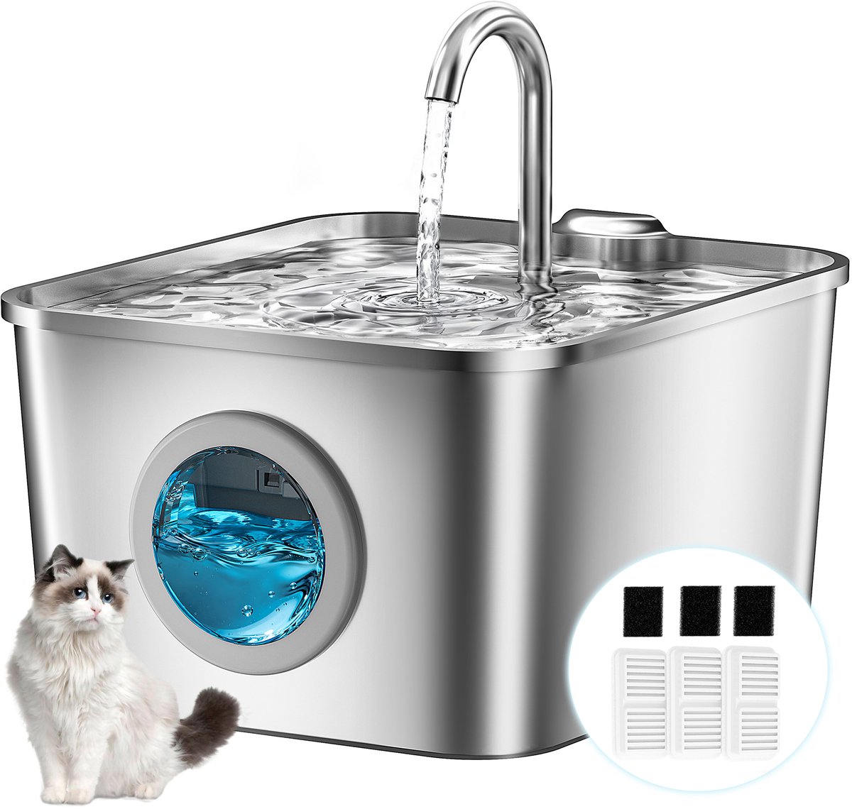 Balimo® Drinkfontein Kat en Hond - 2.6L - RVS - Waterfontein Kat en Hond - LED - Kattenfontein - Incl 3 filters en cleaning tool - 3 Sponzen - Fluisterstil