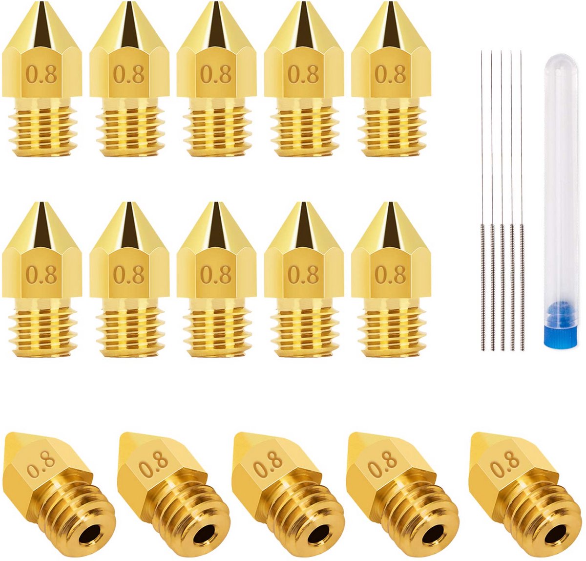 15 stuks 0,8 mm 3D-printermondstukken en 5 stuks 0,6 mm reinigingsnaalden voor 3D-printers