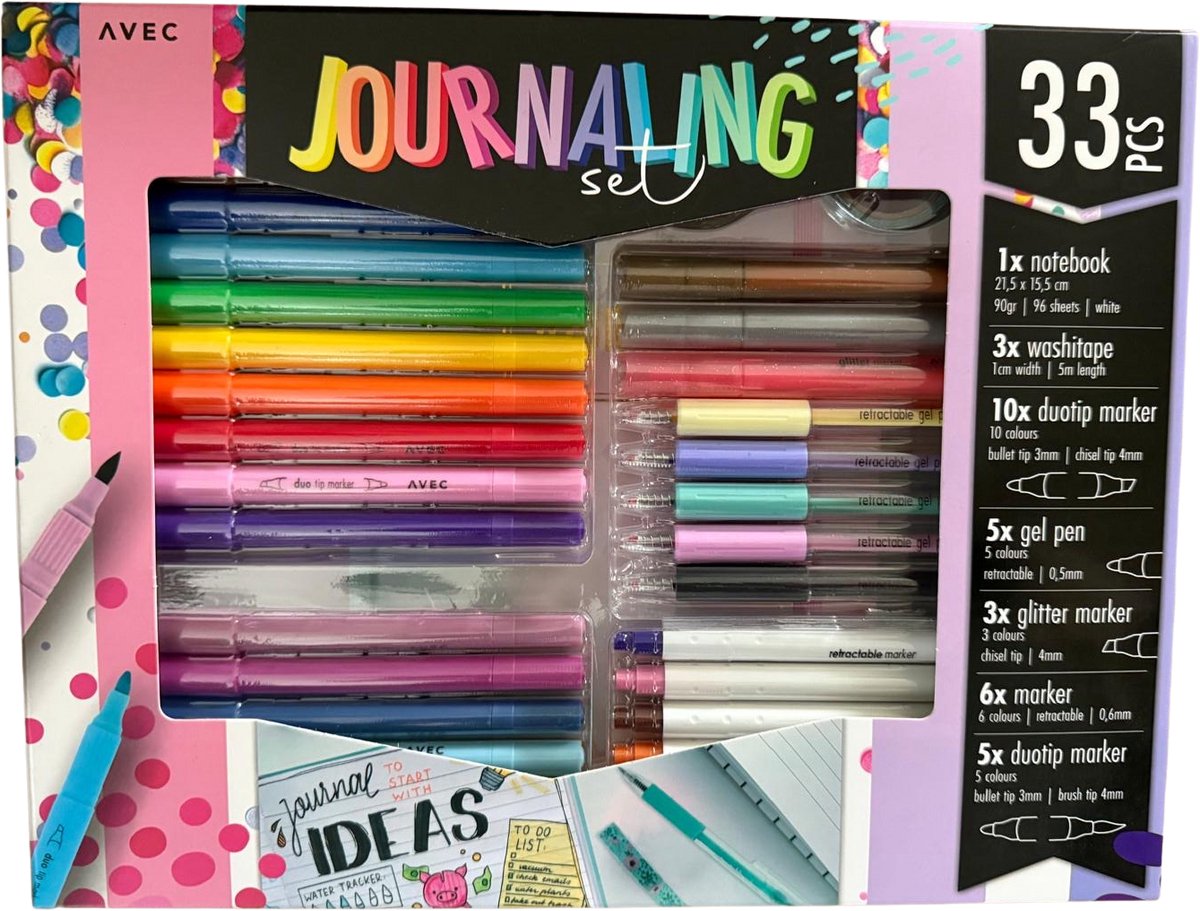 Journal Set 33-delig met Notebook – Bullet Journal & Handlettering Set – Dual Tip Stiften, Gel- en Glitterpennen