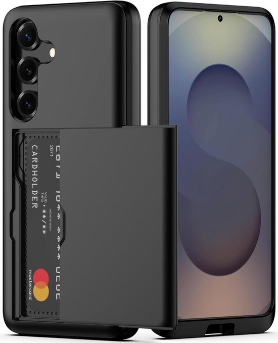 Coque de téléphone noire avec compartiment porte-cartes coulissant et téléphone à écran fleuri.