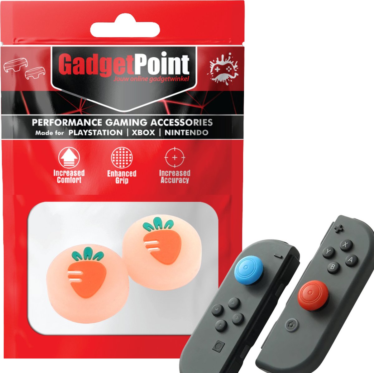 Gadgetpoint - Thumb Grips voor Nintendo Switch Joy-Con Controllers - Gaming Thumbgrips - Performance Anti-Slip Thumbsticks - Bescherming Accessoires - Fruit - Wortel oranje