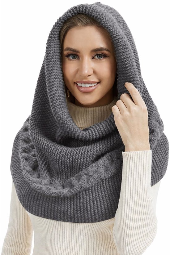MAGICSHE Wintermuts Dames, Gebreide Bivakmuts, Warme Zachte Beanie, Slouchy Capuchon Sjaal, Balaclava Winter op Schouder, Nekwarmer - Grijs
