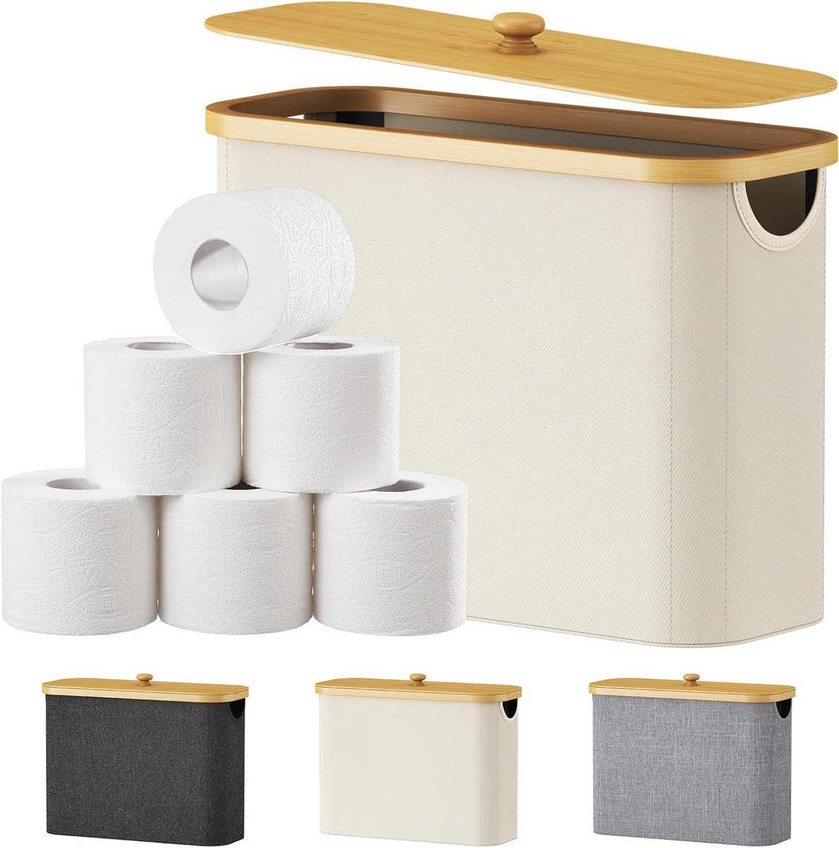 Allecta - Bamboe Toiletpapier Opslagmand met Deksel en 9 Rollen Capaciteit, Wit - Badkamer Organizer voor Toiletpapier