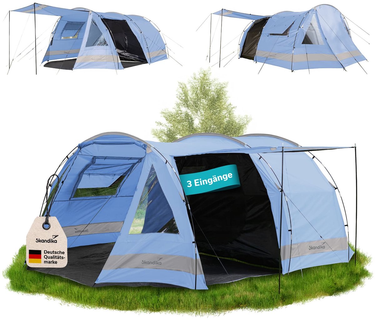Skandika Kambo tunneltent voor 6 personen - XL familietent voor kamperen, 2 m stahoogte, donkere slaapcabine, waterdicht, 3000 mm waterkolom, zonneluifel | grote kampeertent, festivaltent voor 6 personen