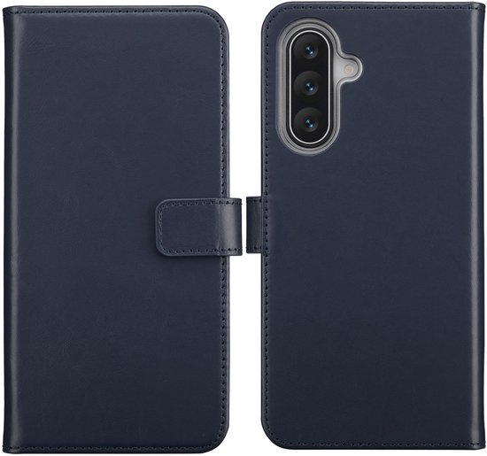 Blauw echt lederen boekhoesje met drukknoopsluiting, opengeklapt om de camera te tonen.