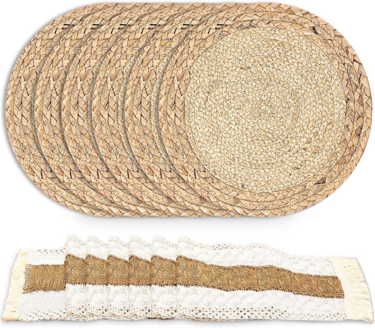 Boheemse handgemaakte placemats set van 12 - Geweven katoen en jute met franjes