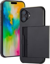 Zwarte telefoonhoes met uitneembare pasjeshouder, naast een telefoon met kleurrijk scherm.