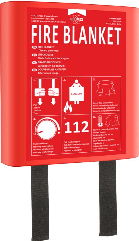 Rode brandblusdeken in harde kunststof box met Engelstalige instructies en afbeeldingen.