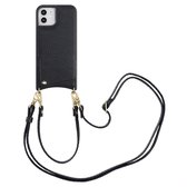 Selencia Telefoonhoesje met Koord en Pasjeshouder - Geschikt voor Apple iPhone 12 Pro / 12 - Backcover met Verstelbaar Koord en Polskoord - 2 Pasjes - Zwart