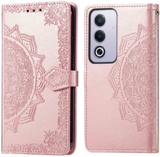 Dubbelzijdig lichtroze telefoonhoesje met mandala-reliëf.