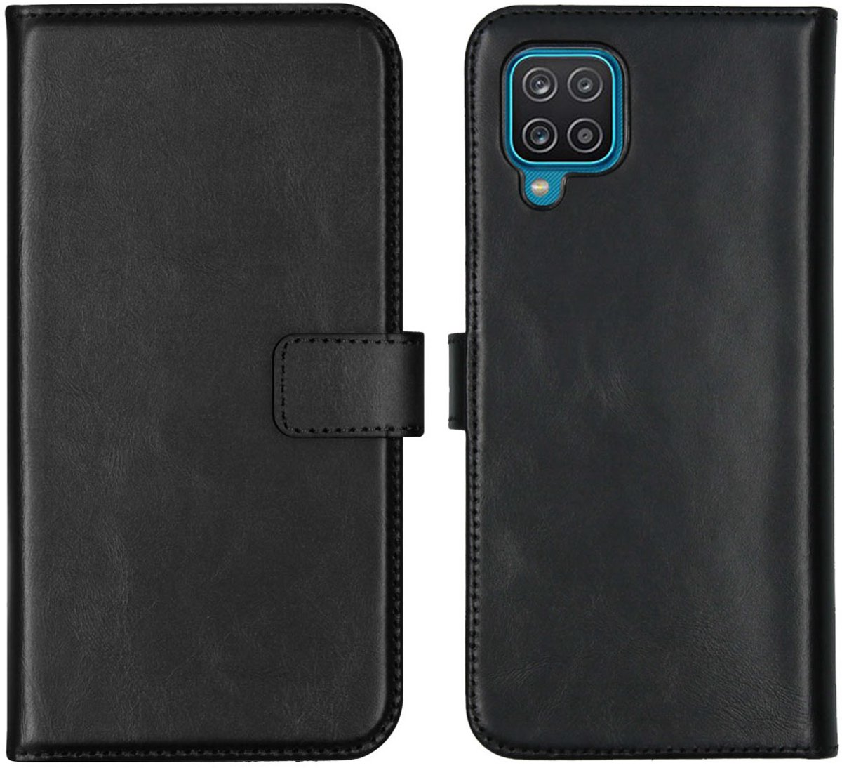 Selencia Hoesje - Geschikt voor Samsung Galaxy A12 - Echt Lederen Bookcase - Zwart