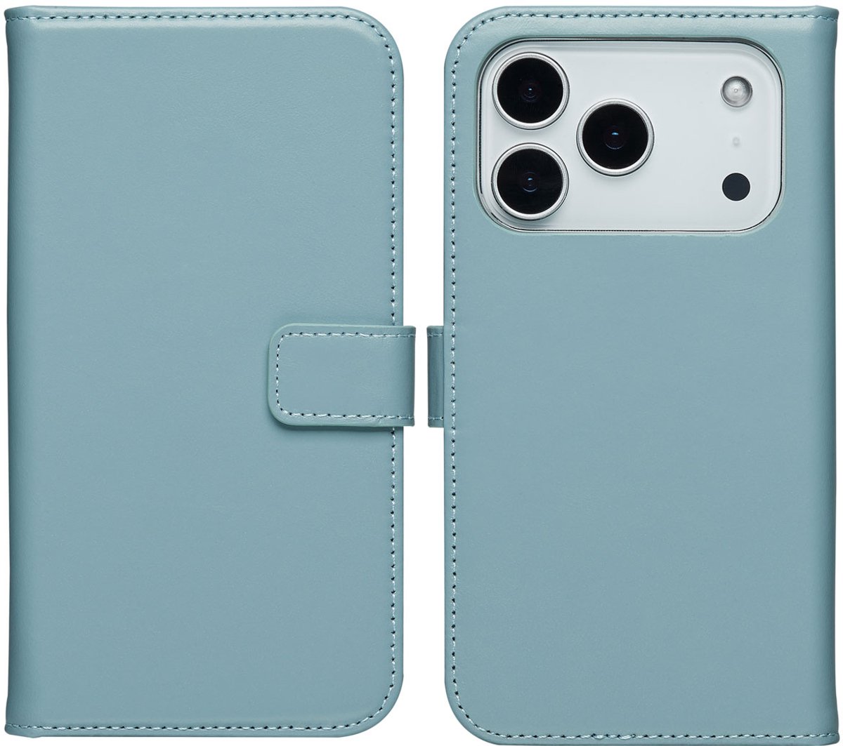 Selencia Hoesje - Geschikt voor Apple iPhone 17 Pro - Echt Lederen Bookcase - Air Blue