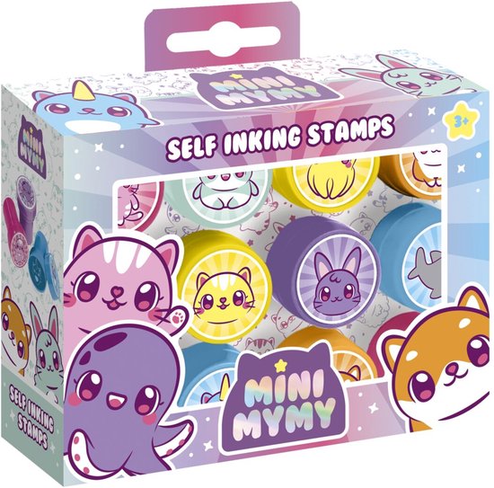 Emballage des tampons auto-encrants Mini MyMy. La boîte présente des animaux kawaii, notamment des chats, une pieuvre, un narval et un lapin.