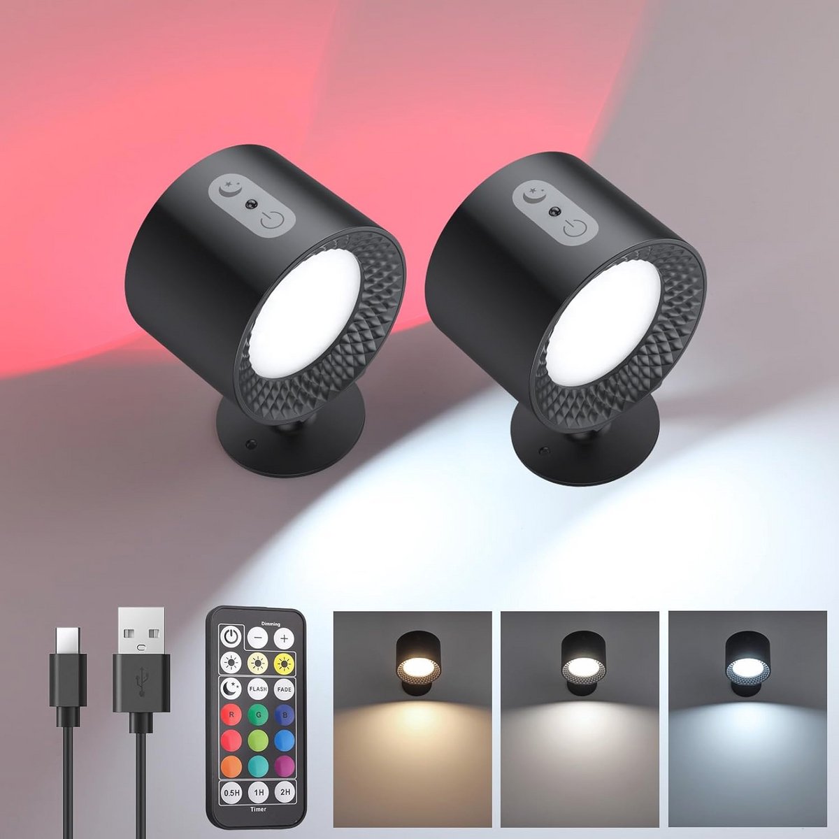 COLORLAM Led-wandlamp voor binnen, oplaadbare accu, wandlamp met afstandsbediening, RGB Touch Control, 360° draaibaar bedlampje met 3 kleurmodi, dimbaar, wandverlichting voor slaapkamer
