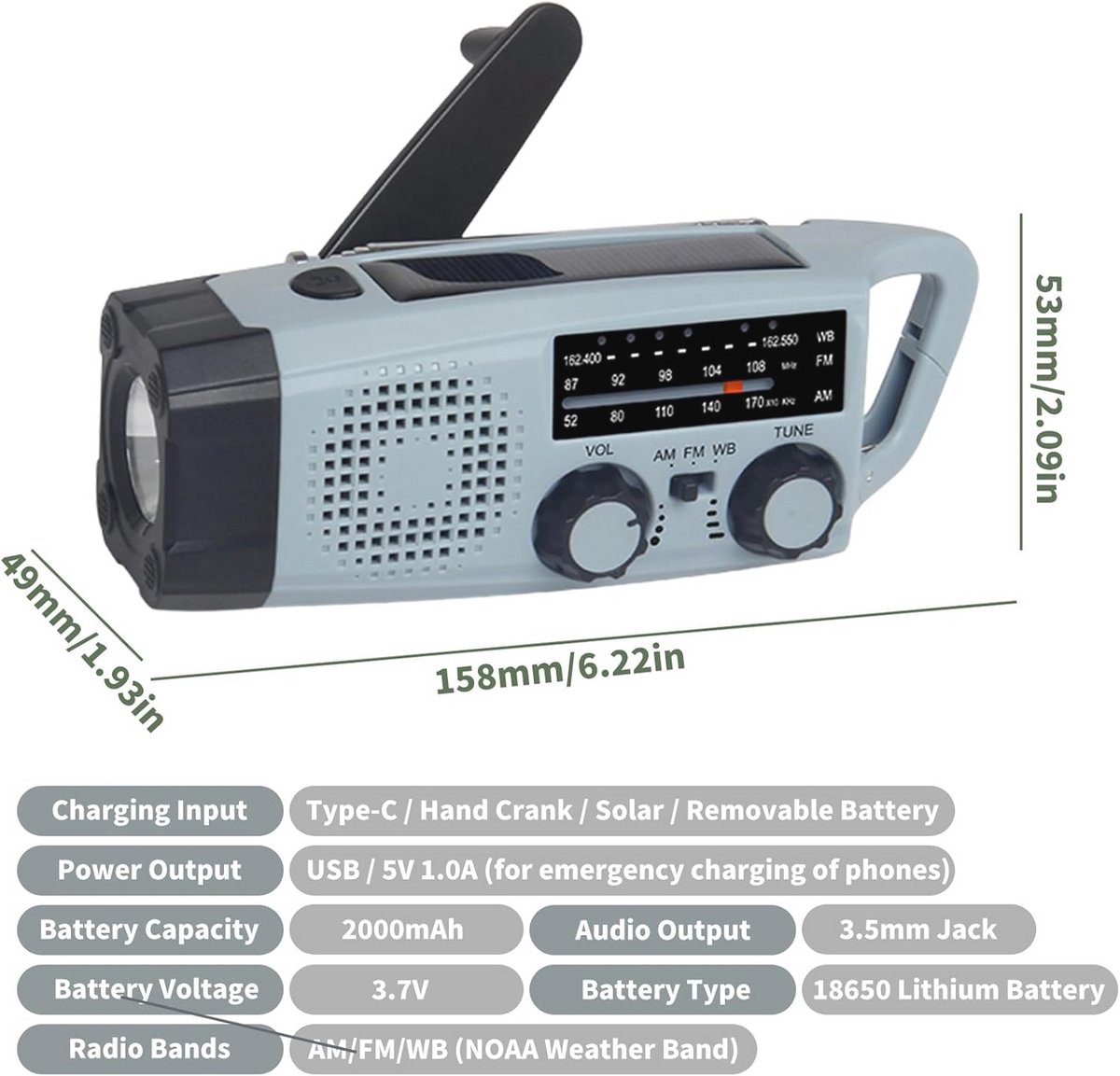 Nood-zonne-radio met zwengel en led-verlichting – Zelfopladende radio met SOS-alarm en USB-laadfunctie
