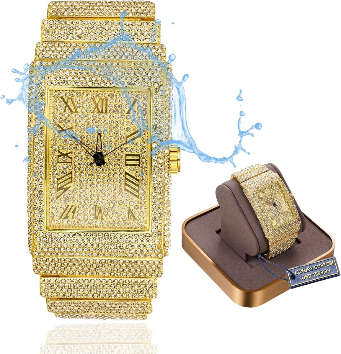 Heren Moissanite Diamant Horloge - 18k Echt Goud, Waterdicht en Elegante Rechthoekige Wijzerplaat