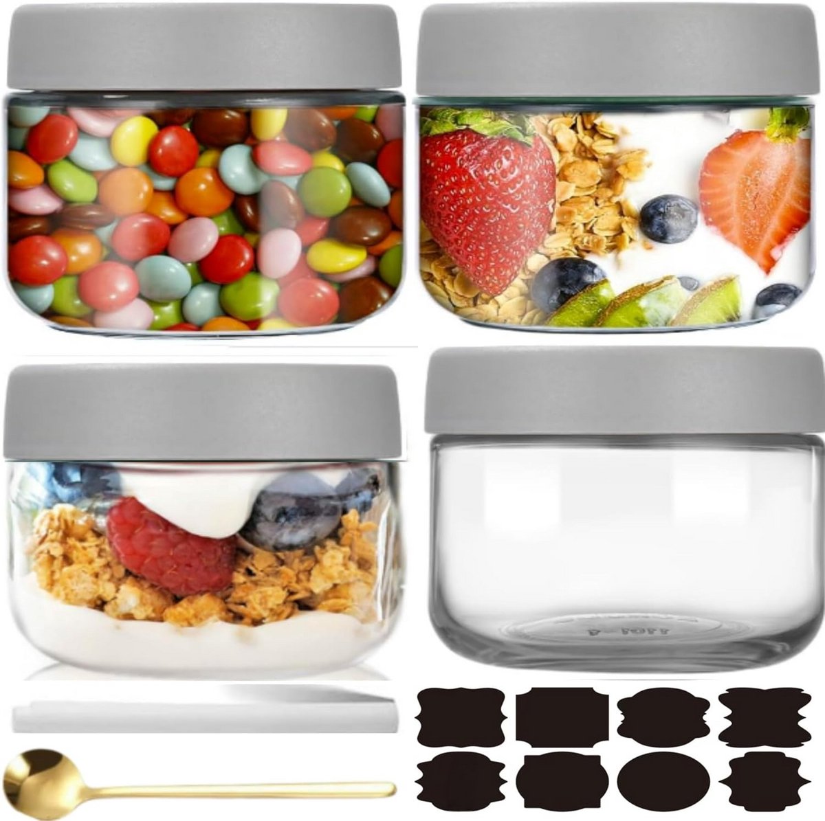 4 Stuks Glazen Potten met Schroefdeksel voor Overnight Oats en Bewaren 300ml