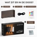 Inhoud van de doos: donkerbruine wandlamp, USB C-kabel, afstandsbediening en montagemateriaal.