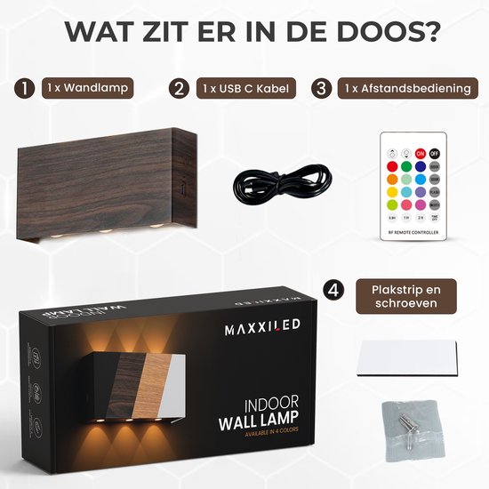 Inhoud van de doos: donkerbruine wandlamp, USB C-kabel, afstandsbediening en montagemateriaal.