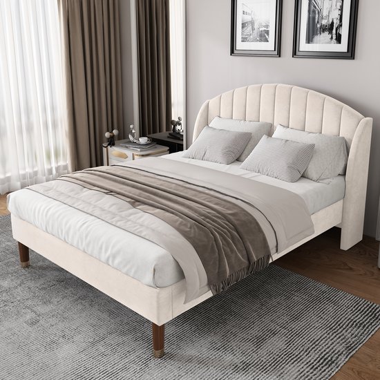 OKWISH Gestoffeerd Bed 160x200cm - Met Lattenbodem en Gepolsterd Hoofdeinde - Geen Opbergruimte - Volwassenen/Jongeren - Fluweel - Beige - Zonder matras