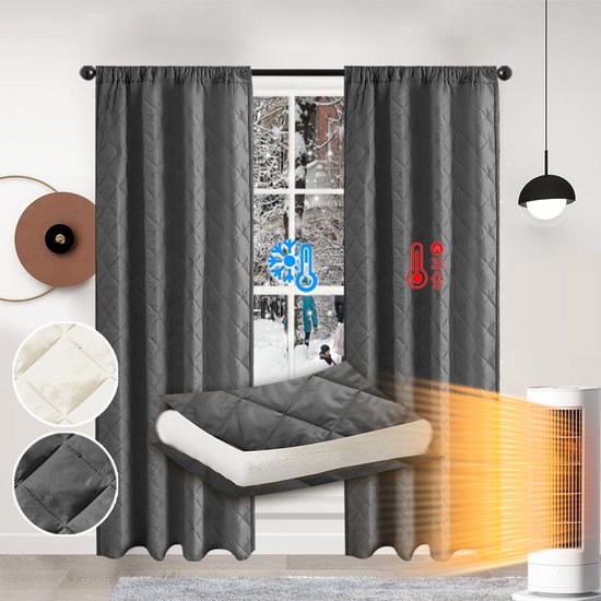 Grijze, gewatteerde gordijnen met verwarming erbij, die warmte uitstralen en kou tegenhouden.