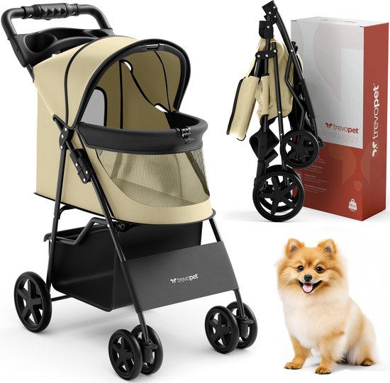 TrevoPet® Inklapbare Hondenbuggy - Voor Kleine en Middelgrote Honden tot 15 kg - Wandelwagen met Bekerhouder & Grote Opbergmand - Beige