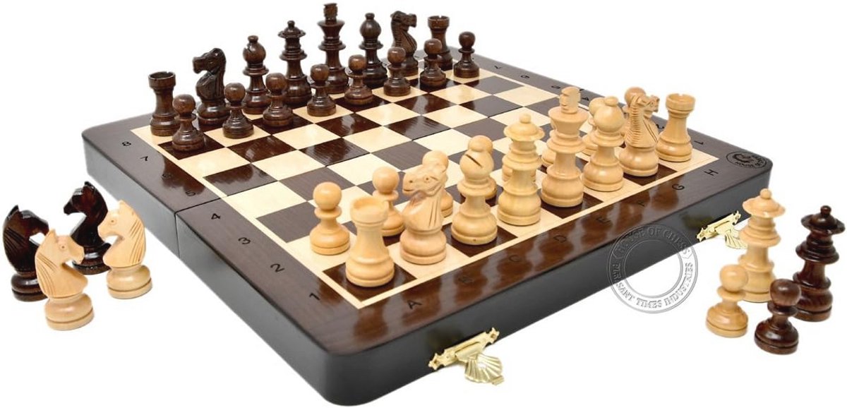 Houten Magnetische Opvouwbare Reisschaakset - 10 inch met Extra Stukken en Algebraïsche Notatie