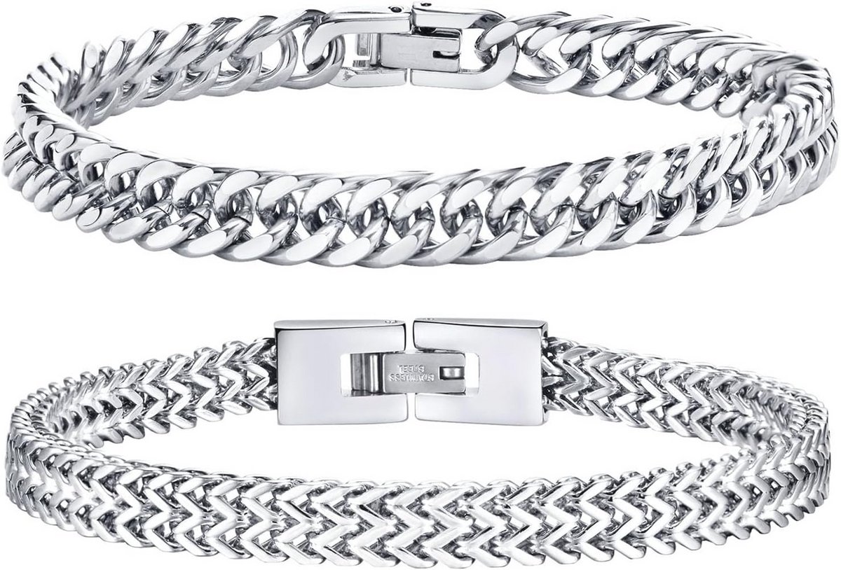 Cubaanse schakelarmband voor heren in roestvrij staal - 2 stuks - 8 mm breed - Goud-Zwart-Zilver