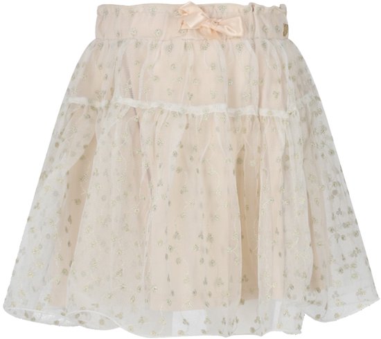 Crèmekleurige tule rok met gouden glitters en strikje in de taille.