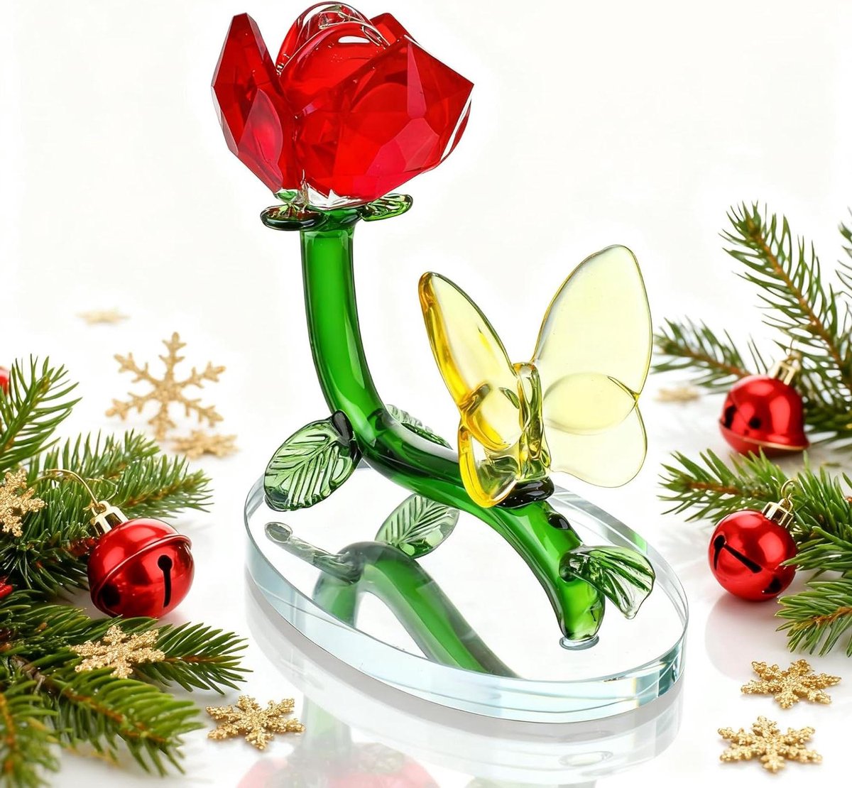 Cosensi - Rode kristallen roos met gele vlinder beeldje voor vrouwen en meisjes - Persoonlijk geschenk - Glazen bloem voor Valentijnsdag - Uniek verzamelobject