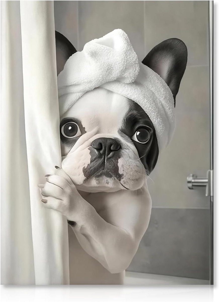 Cosensi - Grappige badkamer kunst aan de muur met schattige hond in douche, humor dierlijke foto voor badkamer toilet inrichting, 30×40 cm niet ingelijst, huisdier minnaar cadeau.