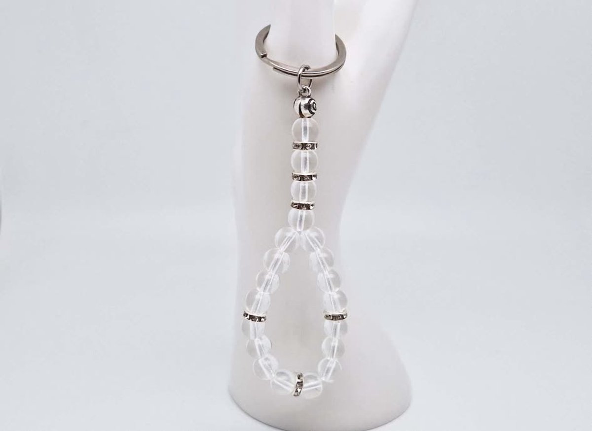 Handgemaakte Tasbih sleutelhanger van natuursteen " Bergkristal" en metaal - diameter kralen 8mm - Aantal stenen 20 - Een mooi cadeau-idee en een bijzonder aandenken