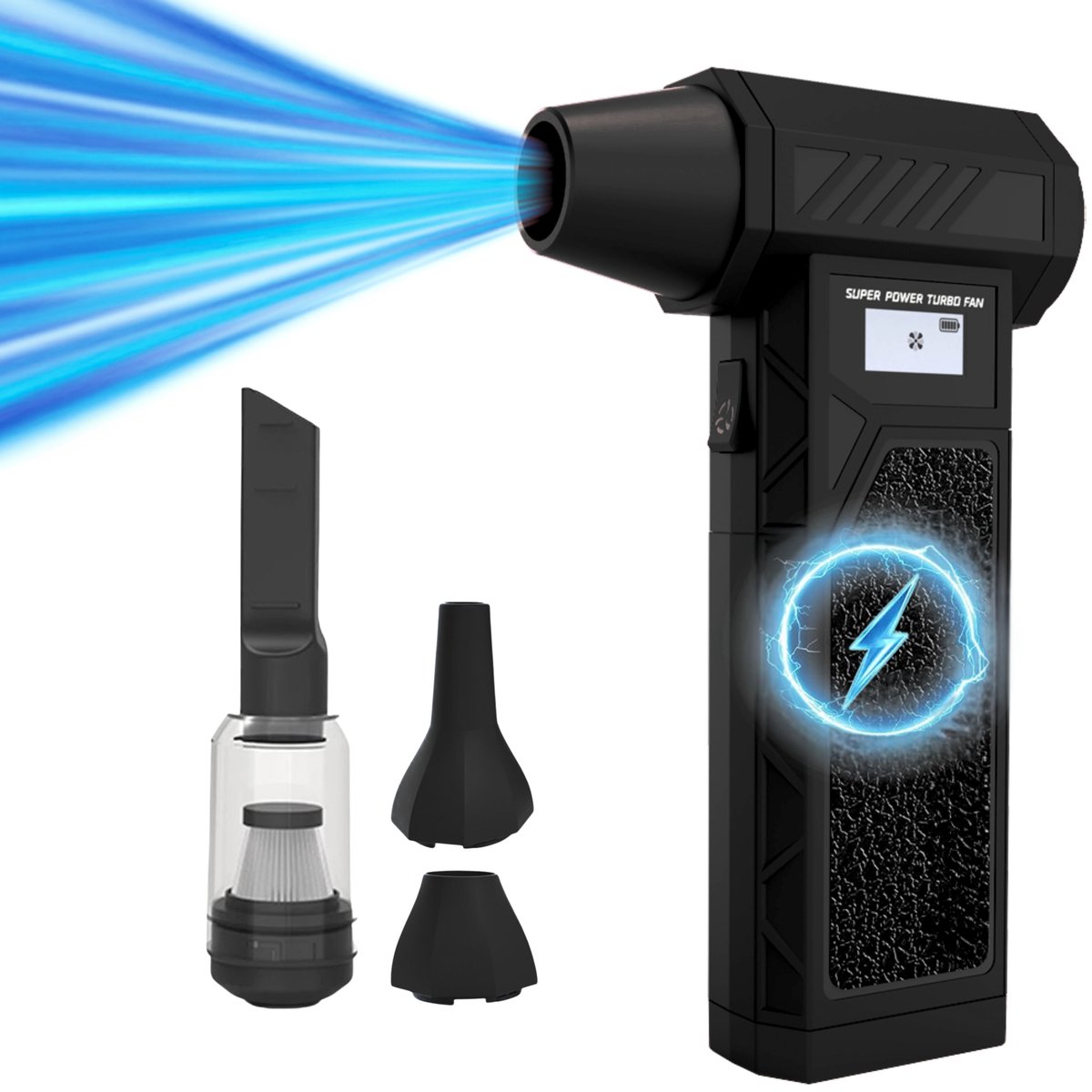 Delmark Turbo Fan - 130.000 RPM - Luchtpistool en stofzuiger in 1 - 300g stuwkracht - 5000mAh Accu - Draagbare Mini Air duster met LED & extra opzetstukken - Sterke autostofzuiger - Zwart