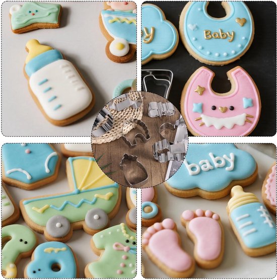Koekjesvormpjes Set Baby Shower Thema - Rompertje, Slabbetje, Rammelaar, Flesje, Wagentje, Voetje - Bakvormen voor Baby Shower en Verjaardagsfeestjes — afbeelding 5