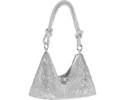 Dames Avondtas Met Strass - Handtas - 25x16cm Glitter Clutch - Voor Feest & Trouw - Met Ajusteerbare Schouderband - Incl. Binnenvak - Zilver