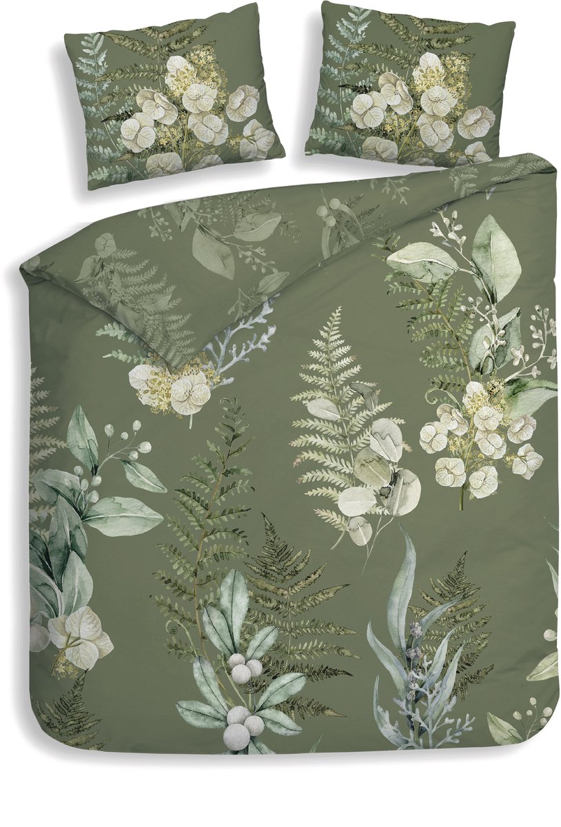 Heckettlane Dekbedovertrek Nathan - Bedlinnen met Bladeren print - Groen - Dekbedovertrek van 100% Katoen-Twill Green