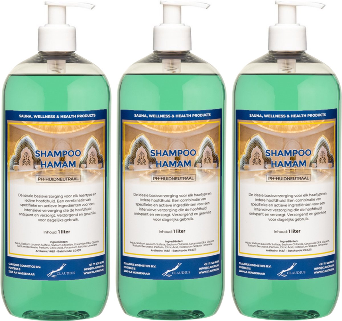 Shampoo Hamam 1 liter met 3 witte pompen - set van 3 stuks - voordeelverpakking - haarverzorging