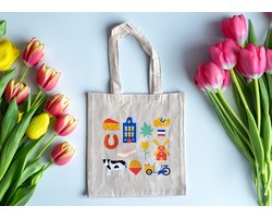 Katoenen Tote Bag - Nederlandse Iconen - Duurzame Herbruikbare Shopper - Holland Cadeau - Kerstcadeau - Souvenir - Vakantie - Verjaardagscadeau