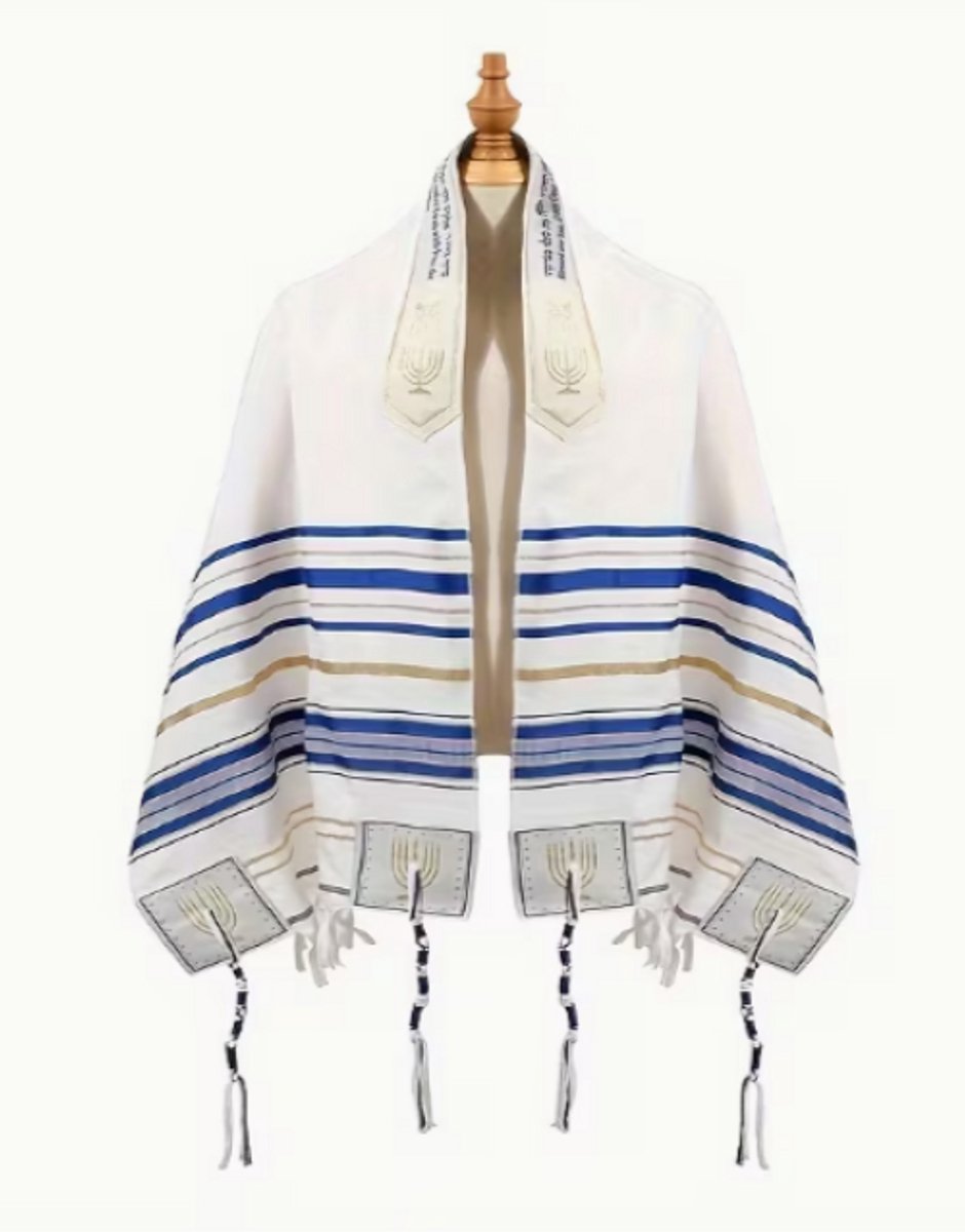 Blauw Gestreepte Gebedssjaal -Gevlochten Kwastenshawl-jodendom-joden-Jerusalem-israel-Joodse sjaal-tallit-torah-israel