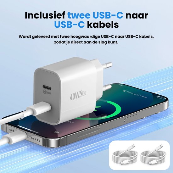 Faas USB C Oplader - Snellader - 40W - 2x 20W Poort - 2 kabels - 1.5 meter - USB C Kabel - USB C naar USB C - Wit