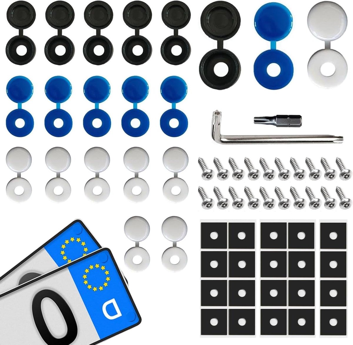 Kentekenplaatschroeven 62 stuks RVS M5 set - Motorfiets diefstalbeveiliging nummerplaat schroeven met doppen - Autofietsendrager gereedschap