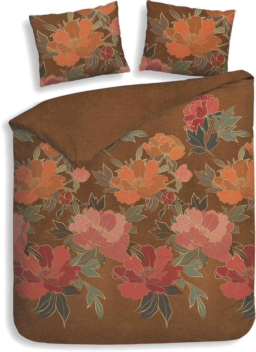 Heckettlane Dekbedovertrek Francesco - Bedlinnen met Bloemen print - 260x200-220 cm - Oranje - Dekbedovertrek van 100% Katoen-Flanel Orange