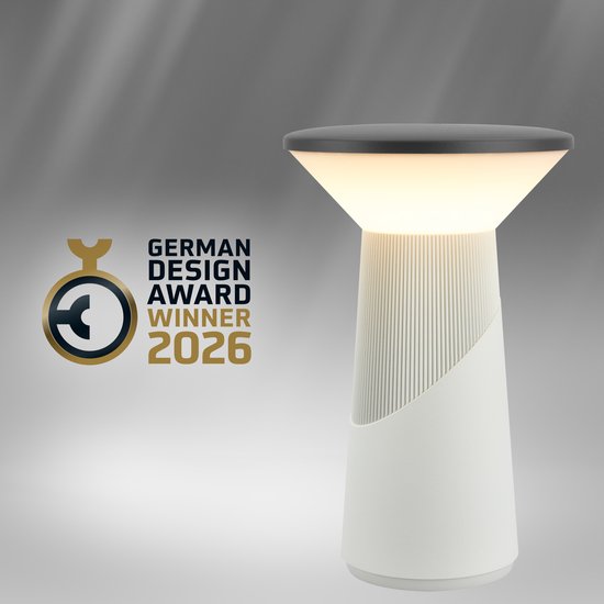 Witte Pilia tafellamp met antraciet dop en een German Design Award Winner 2026 medaille.