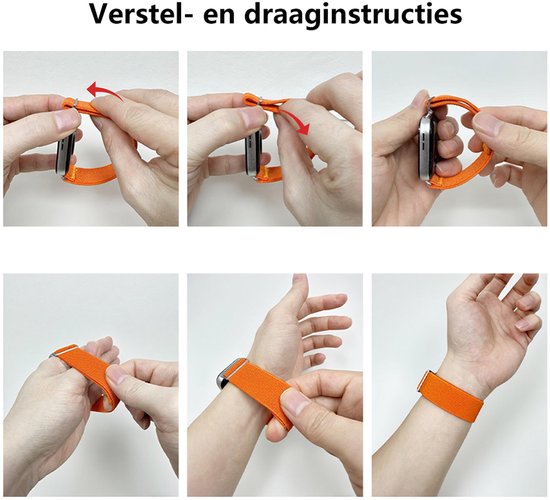 Instructies voor het verstellen en dragen van een oranje elastisch horlogebandje.